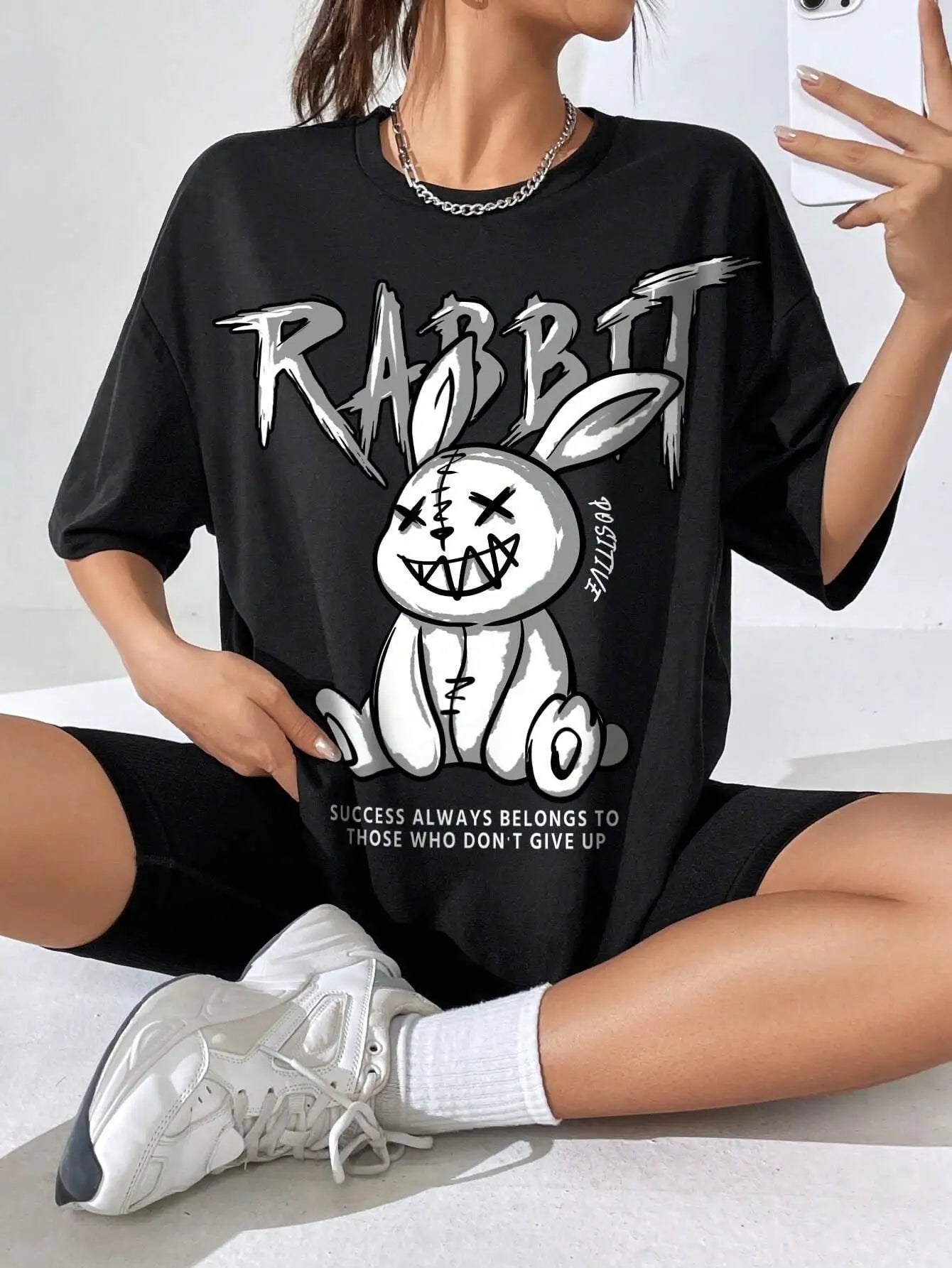 Gritty Graffiti Bunny Oversized Tee – Motivational Street Style Top - Black / S - T-Shirts - Shirts & Tops - 2 - 2024