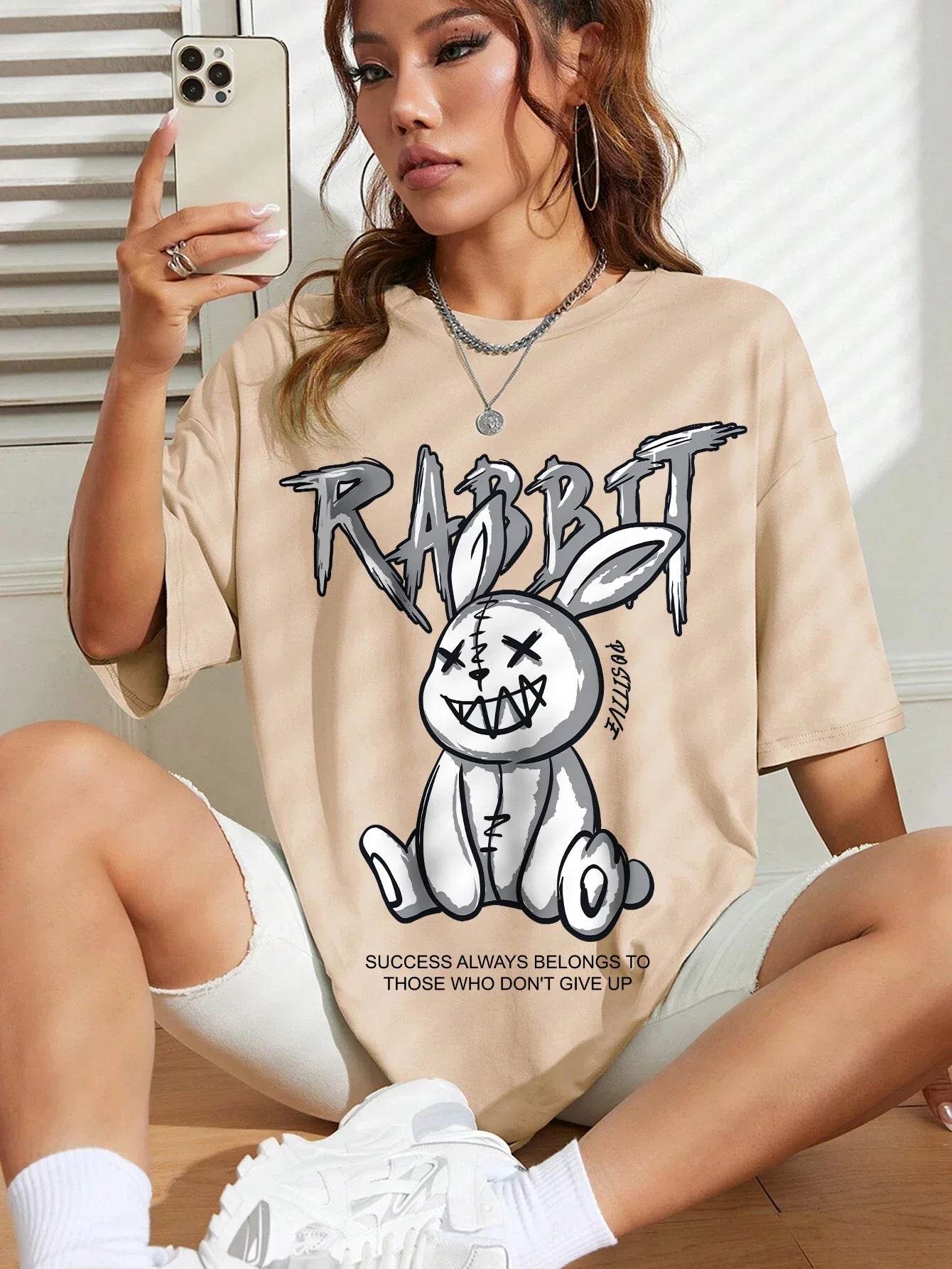Gritty Graffiti Bunny Oversized Tee – Motivational Street Style Top - Khaki / XL - T-Shirts - Shirts & Tops - 12 - 2024