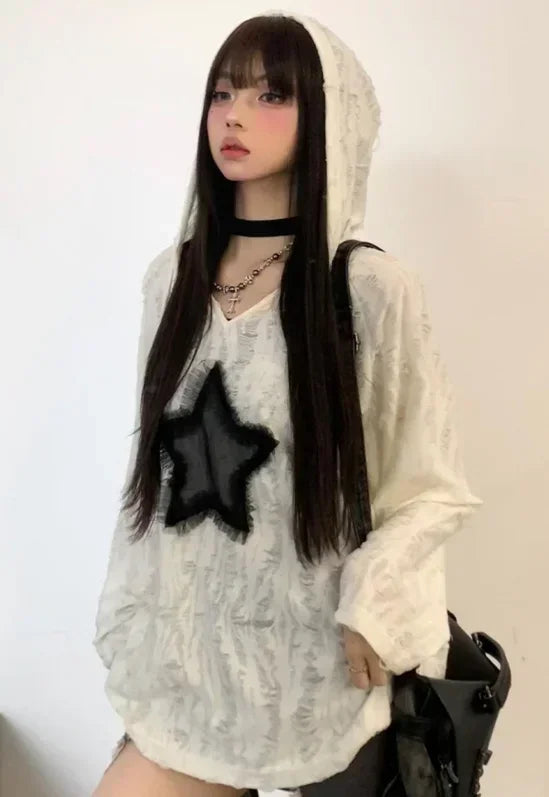 Grunge Star Print Distressed T-Shirt - link 3 hoodie white / S - T-Shirts - Shirts & Tops - 6 - 2024