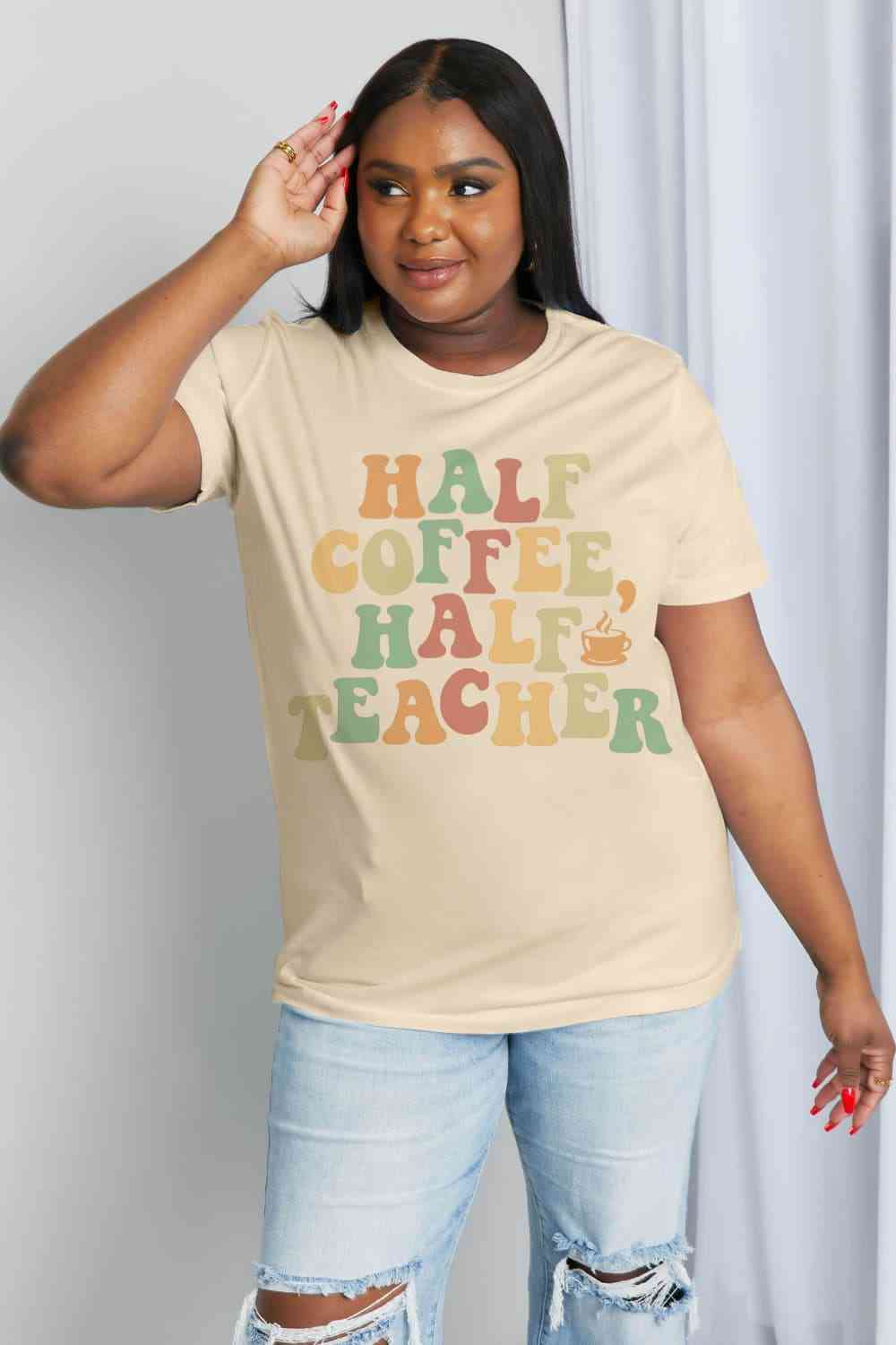 HALF COFFEE HALF TEACHER Graphic Cotton Tee - T-Shirts - Shirts & Tops - 10 - 2024