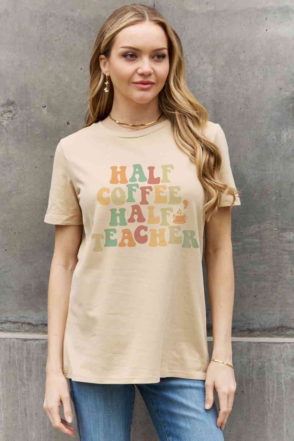 HALF COFFEE HALF TEACHER Graphic Cotton Tee - T-Shirts - Shirts & Tops - 7 - 2024