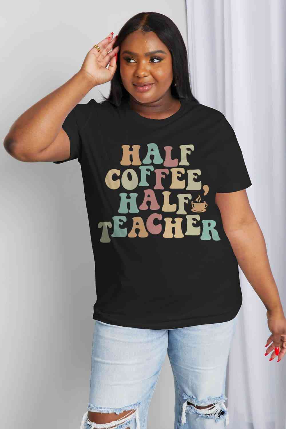 HALF COFFEE HALF TEACHER Graphic Cotton Tee - T-Shirts - Shirts & Tops - 4 - 2024