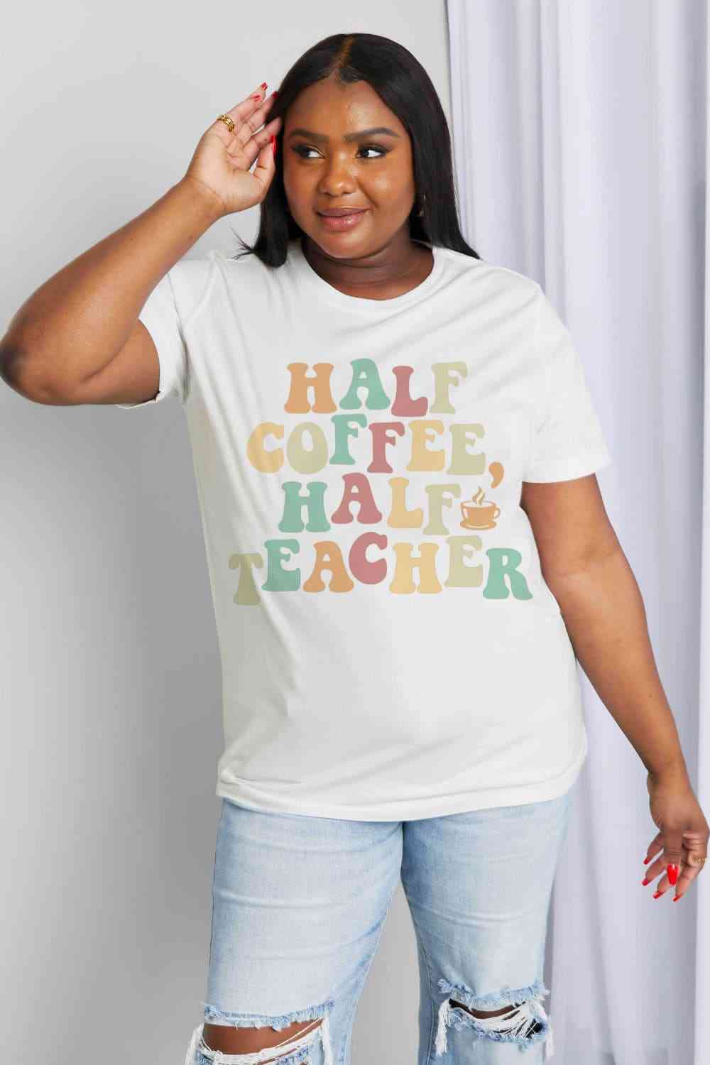 HALF COFFEE HALF TEACHER Graphic Cotton Tee - T-Shirts - Shirts & Tops - 15 - 2024