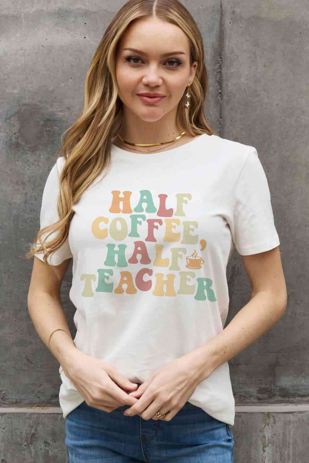 HALF COFFEE HALF TEACHER Graphic Cotton Tee - T-Shirts - Shirts & Tops - 13 - 2024