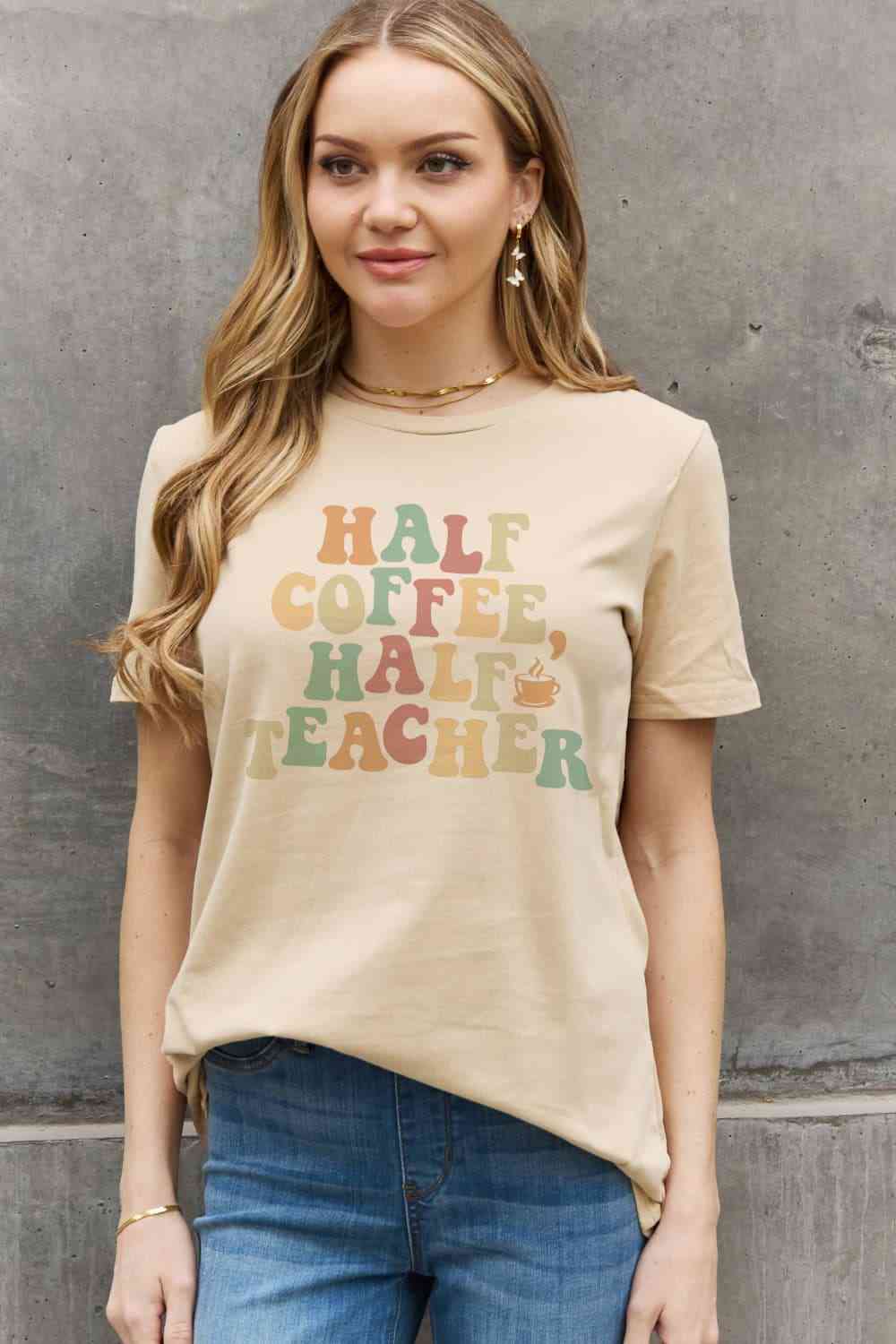 HALF COFFEE HALF TEACHER Graphic Cotton Tee - Taupe / S - T-Shirts - Shirts & Tops - 8 - 2024