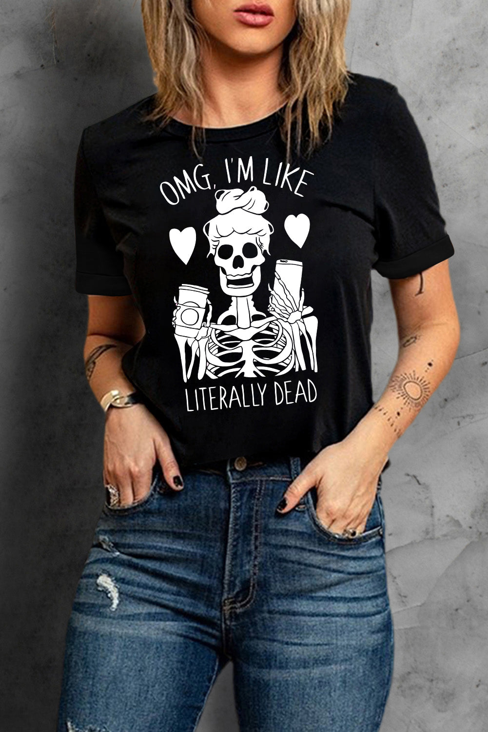 Halloween Skeleton Graphic Round Neck Tee - T-Shirts - Shirts & Tops - 4 - 2024