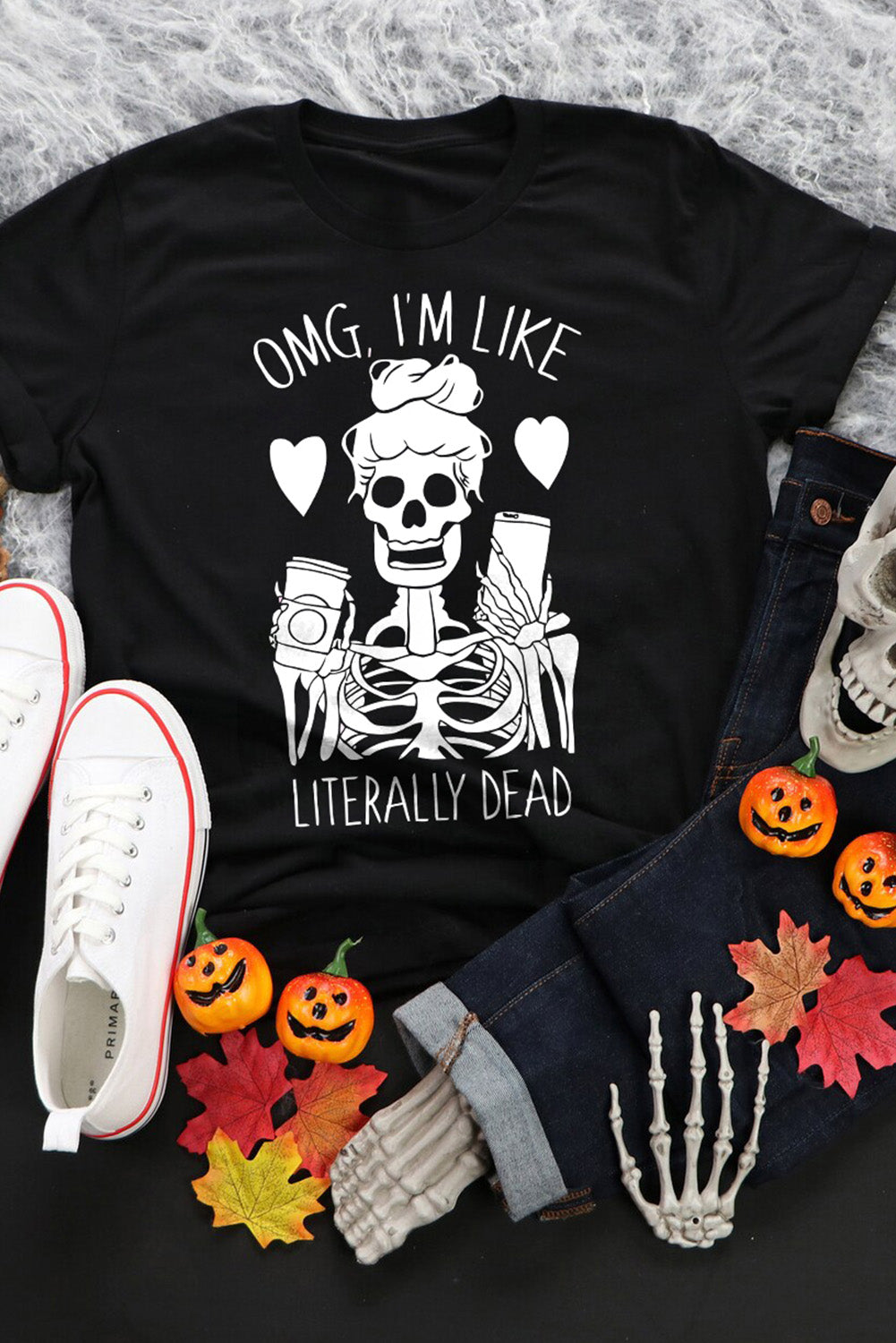 Halloween Skeleton Graphic Round Neck Tee - T-Shirts - Shirts & Tops - 5 - 2024