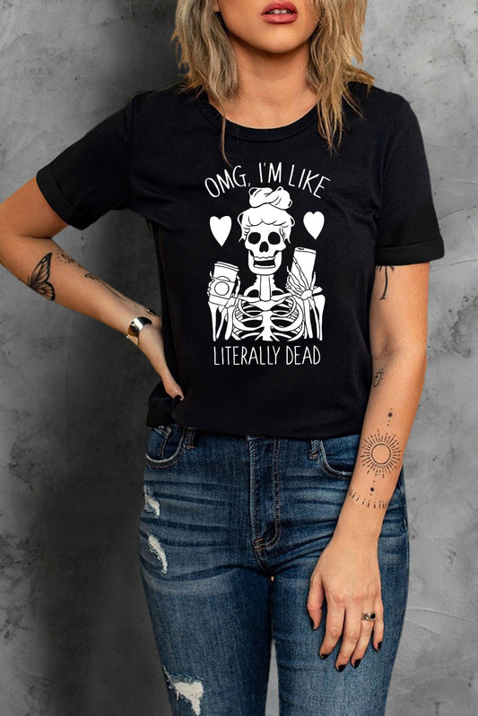 Halloween Skeleton Graphic Round Neck Tee - T-Shirts - Shirts & Tops - 1 - 2024