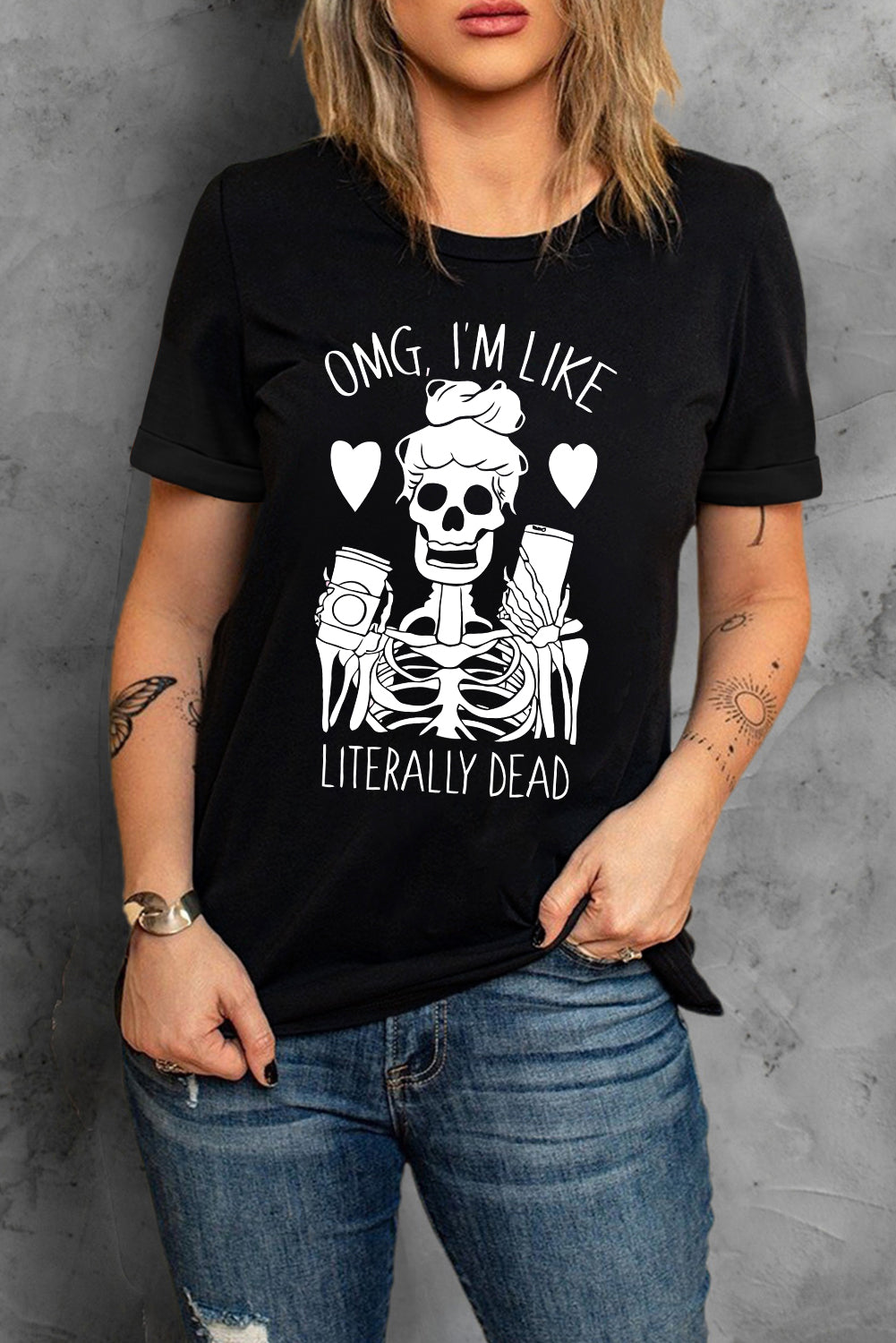 Halloween Skeleton Graphic Round Neck Tee - T-Shirts - Shirts & Tops - 3 - 2024