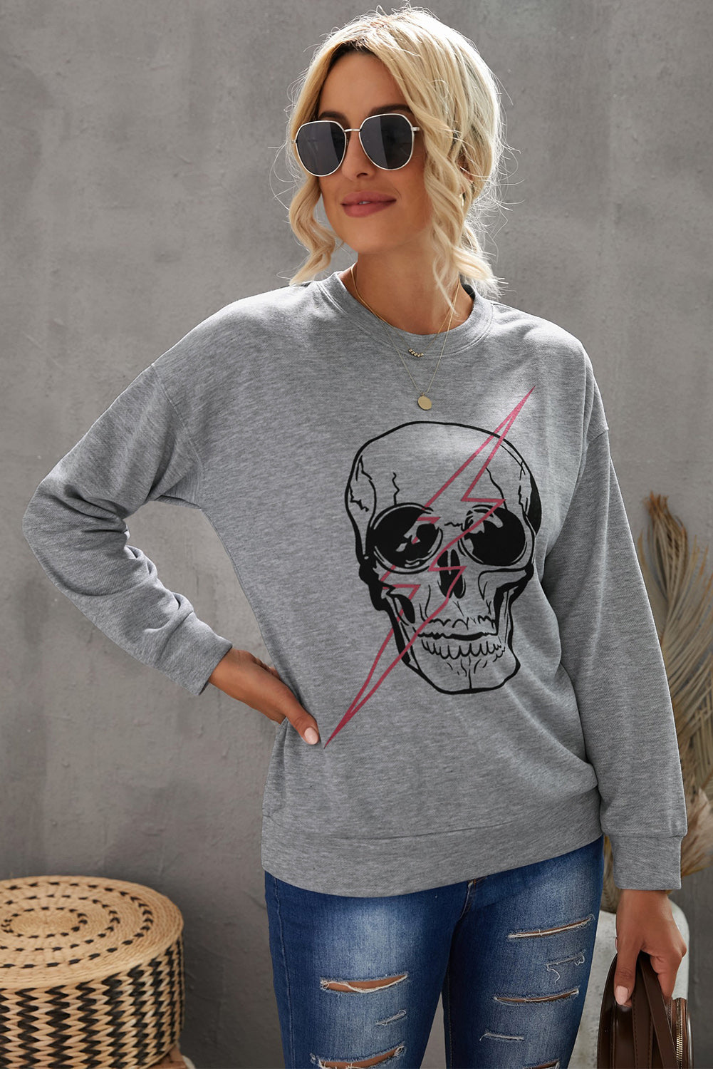 Halloween Skull and Lightning Graphic Tee - Gray / S - T-Shirts - Shirts & Tops - 2 - 2024