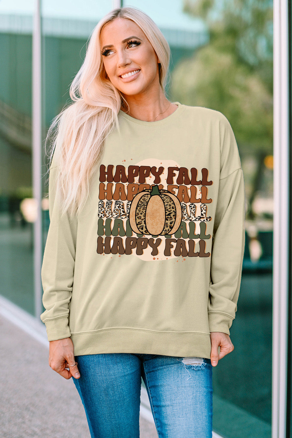 HAPPY FALL Pumpkin Dropped Shoulder Sweatshirt - Khaki / S - T-Shirts - Shirts & Tops - 1 - 2024