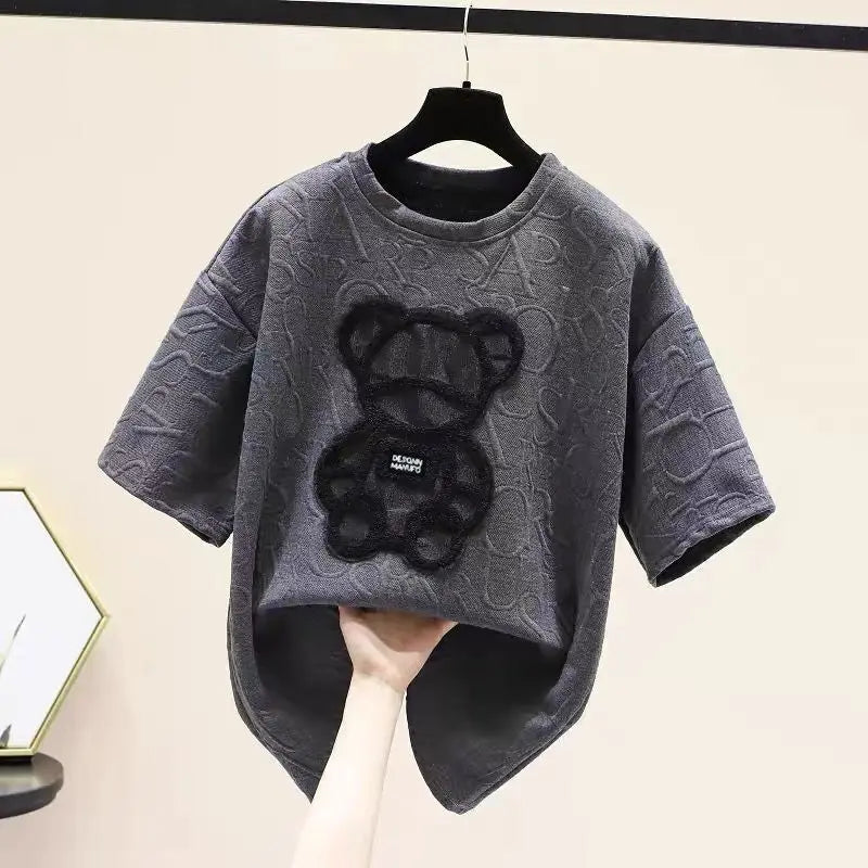 Harajuku Bear Jacquard T-shirt - Plus Size Loose Summer Tee - T-Shirts - Shirts & Tops - 4 - 2024