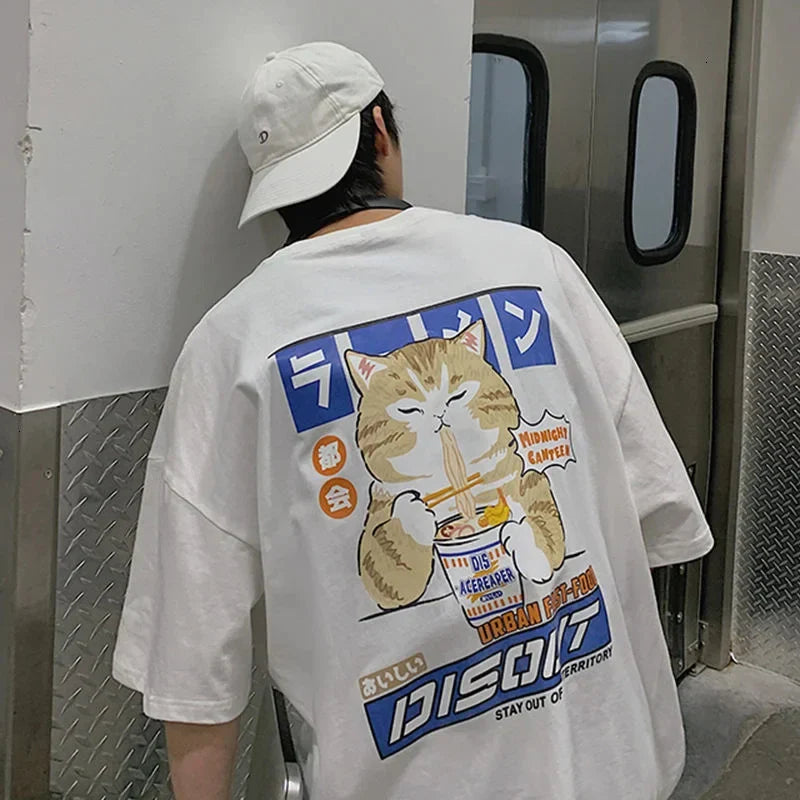 Harajuku Cat Eating Noodles Graphic Tee - White / S - T-Shirts - T-Shirts - 3 - 2024