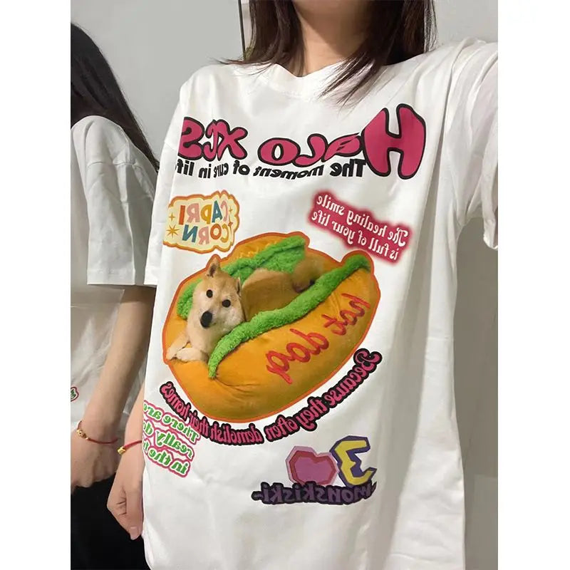 Harajuku Y2K Dog Print Tee - American Retro Style - White / M - T-Shirts - Shirts & Tops - 5 - 2024