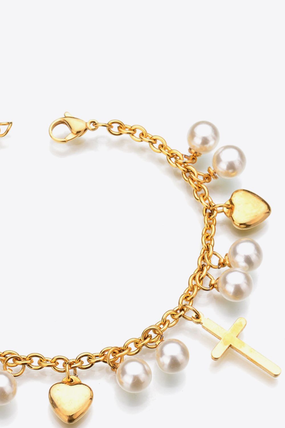 Heart Cross and Pearl Charm Stainless Steel Bracelet - Gold / One Size - T-Shirts - Bracelets - 3 - 2024