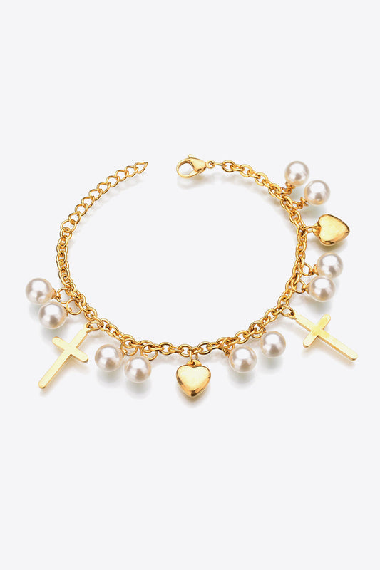 Heart Cross and Pearl Charm Stainless Steel Bracelet - Gold / One Size - T-Shirts - Bracelets - 1 - 2024