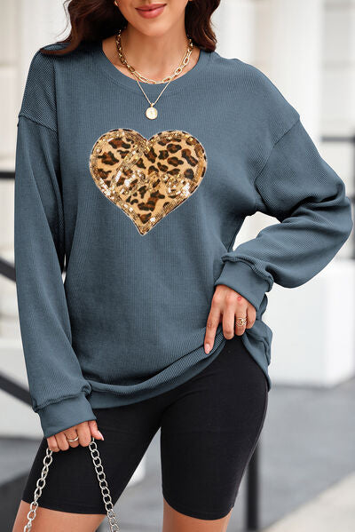 Heart Leopard Sequin Round Neck Sweatshirt - French Blue / S - T-Shirts - Shirts & Tops - 1 - 2024