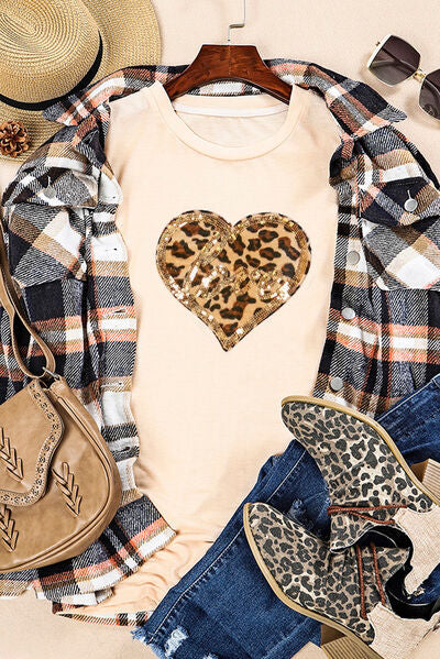 Heart Leopard Sequin Short Sleeve T-Shirt - T-Shirts - Shirts & Tops - 4 - 2024