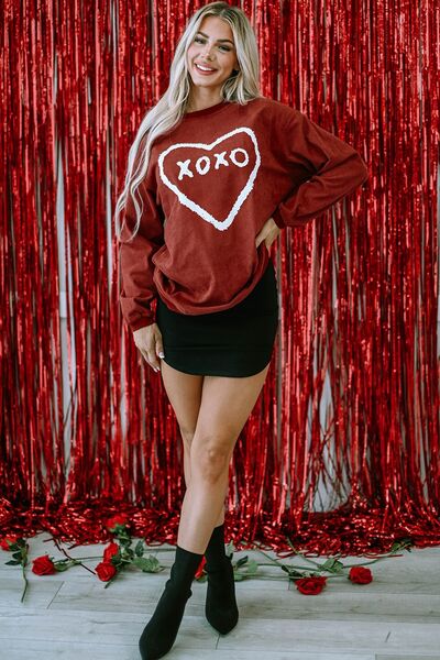 Heart Letter Graphic Round Neck Sweatshirt - Brick Red / S - T-Shirts - Shirts & Tops - 1 - 2024