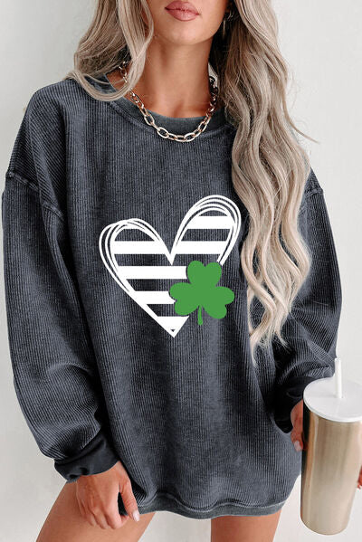 Heart Lucky Clover Round Neck Dropped Shoulder Sweatshirt - Charcoal / S - T-Shirts - Shirts & Tops - 1 - 2024