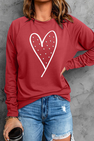 Heart Pearl Detail Round Neck Sweatshirt - Scarlet / S - T-Shirts - Shirts & Tops - 1 - 2024