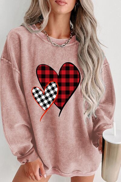 Heart Round Neck Dropped Shoulder Sweatshirt - Dusty Pink / S - T-Shirts - Shirts & Tops - 4 - 2024