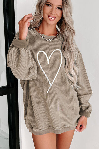 Heart Round Neck Dropped Shoulder Sweatshirt - Dust Storm / S - T-Shirts - Shirts & Tops - 14 - 2024