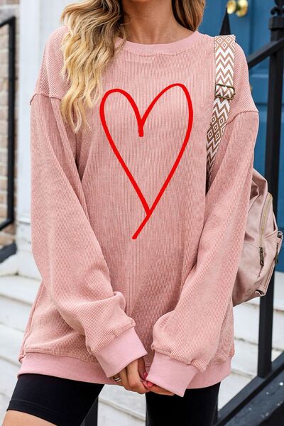 Heart Round Neck Dropped Shoulder Sweatshirt - Dusty Pink / S - T-Shirts - Shirts & Tops - 10 - 2024