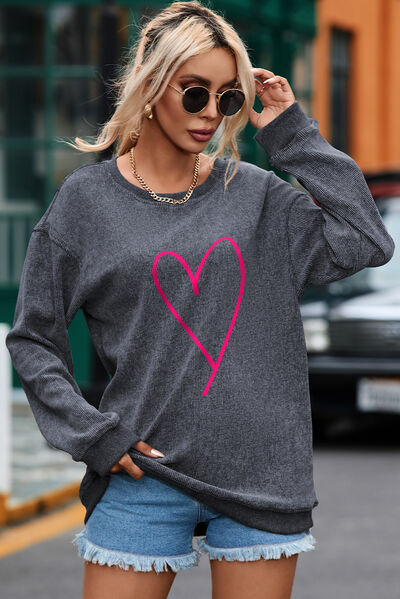 Heart Round Neck Dropped Shoulder Sweatshirt - Charcoal / S - T-Shirts - Shirts & Tops - 1 - 2024