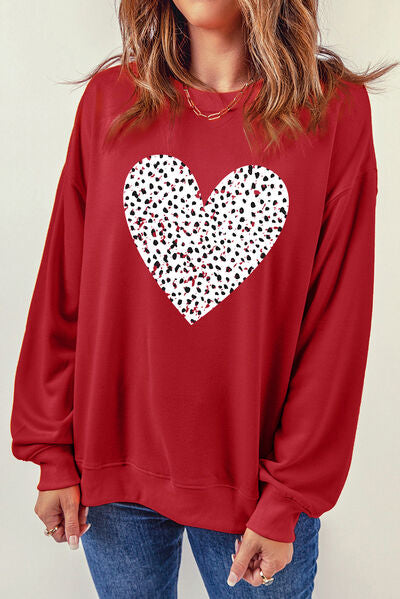 Heart Round Neck Dropped Shoulder Sweatshirt - Brick Red / S - T-Shirts - Shirts & Tops - 1 - 2024