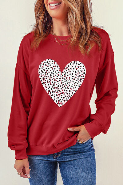 Heart Round Neck Dropped Shoulder Sweatshirt - T-Shirts - Shirts & Tops - 4 - 2024