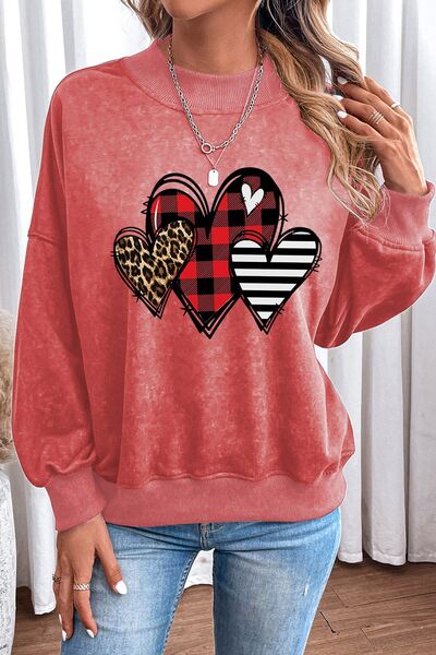 Heart Round Neck Dropped Shoulder Sweatshirt - Burnt Coral / S - T-Shirts - Shirts & Tops - 1 - 2024