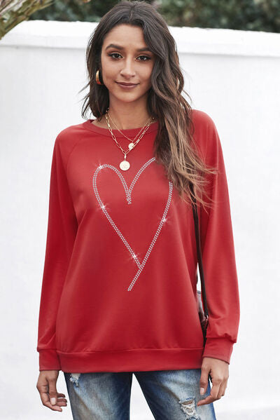 Heart Round Neck Long Sleeve Sweatshirt - Scarlet / S - T-Shirts - Shirts & Tops - 1 - 2024