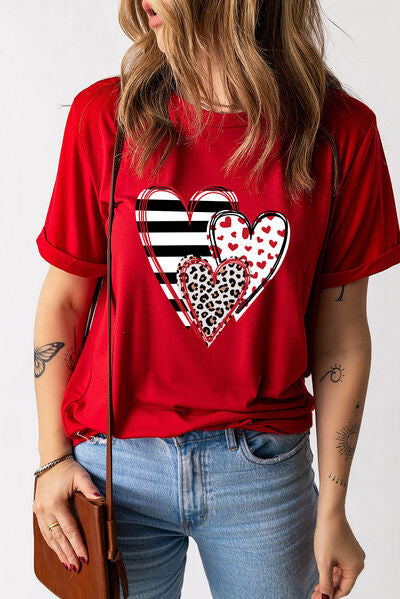 Heart Round Neck Short Sleeve T-Shirt - Deep Red / S - T-Shirts - Shirts & Tops - 1 - 2024