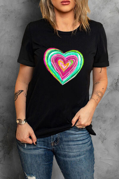 Heart Round Neck Short Sleeve T-Shirt - Black / S - T-Shirts - Shirts & Tops - 1 - 2024