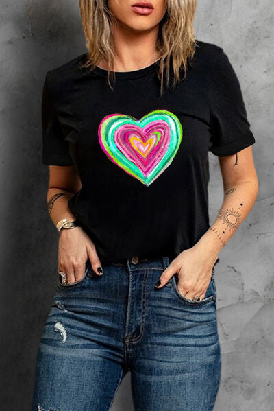 Heart Round Neck Short Sleeve T-Shirt - T-Shirts - Shirts & Tops - 4 - 2024