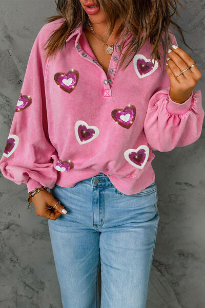 Heart Sequin Half Snap Mineral Wash Sweatshirt - Carnation Pink / S - T-Shirts - Shirts & Tops - 1 - 2024