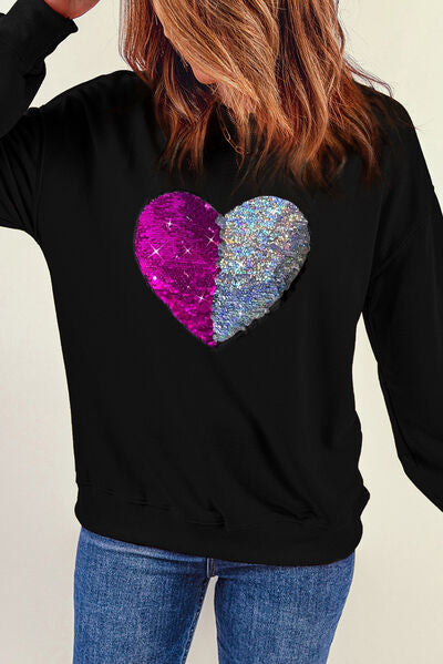 Heart Sequin Round Neck Dropped Shoulder Sweatshirt - T-Shirts - Shirts & Tops - 2 - 2024