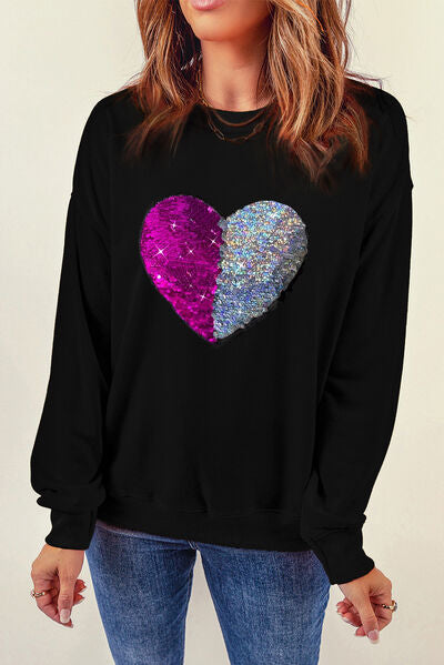 Heart Sequin Round Neck Dropped Shoulder Sweatshirt - Black / S - T-Shirts - Shirts & Tops - 1 - 2024