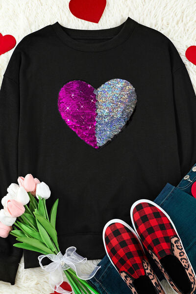 Heart Sequin Round Neck Dropped Shoulder Sweatshirt - T-Shirts - Shirts & Tops - 4 - 2024