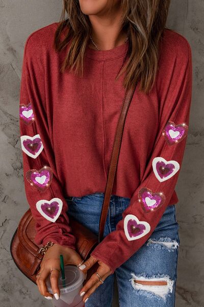 Heart Sequin Round Neck Long Sleeve T-Shirt - T-Shirts - Shirts & Tops - 7 - 2024