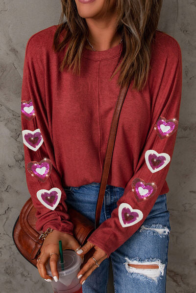 Heart Sequin Round Neck Long Sleeve T-Shirt - Deep Red / S - T-Shirts - Shirts & Tops - 10 - 2024