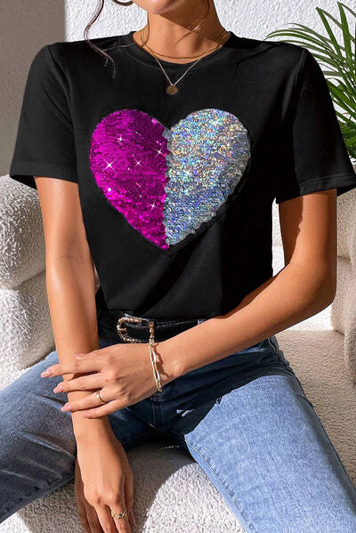 Heart Sequin Round Neck Short Sleeve T-Shirt - T-Shirts - Shirts & Tops - 5 - 2024