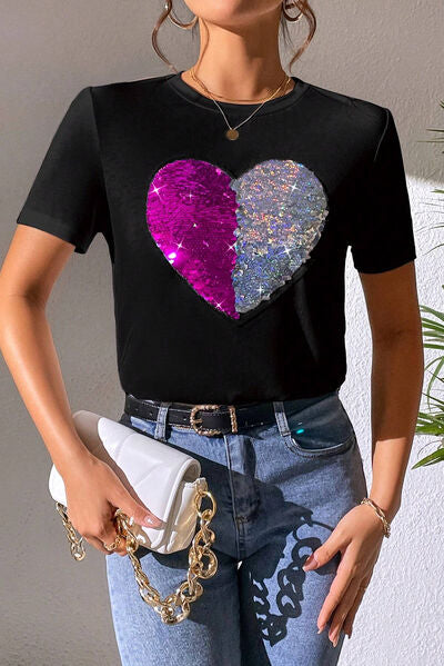 Heart Sequin Round Neck Short Sleeve T-Shirt - Black / S - T-Shirts - Shirts & Tops - 1 - 2024