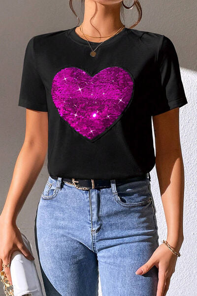 Heart Sequin Round Neck Short Sleeve T-Shirt - T-Shirts - Shirts & Tops - 2 - 2024