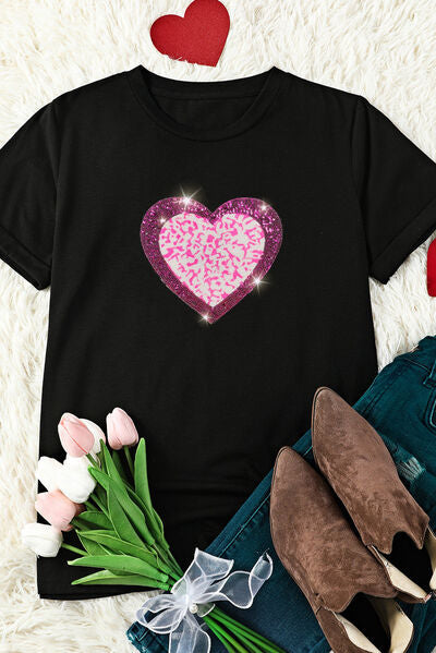 Heart Sequin Round Neck Short Sleeve T-Shirt - T-Shirts - Shirts & Tops - 3 - 2024