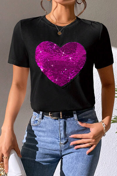Heart Sequin Round Neck Short Sleeve T-Shirt - T-Shirts - Shirts & Tops - 3 - 2024
