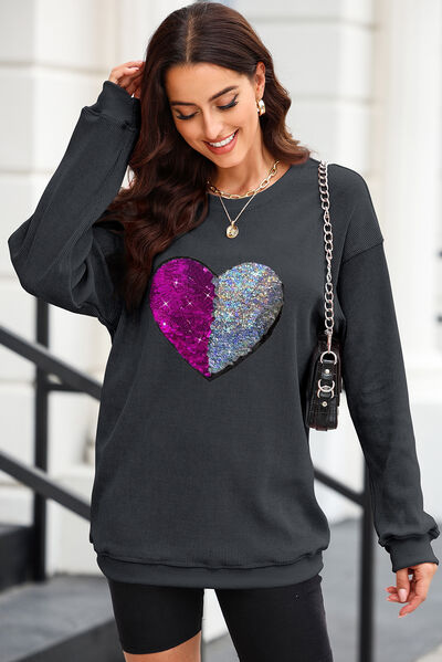 Heart Sequin Round Neck Sweatshirt - Black / S - T-Shirts - Shirts & Tops - 1 - 2024