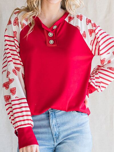 Heart Striped Quarter Button Long Sleeve T-Shirt - Red / S - T-Shirts - Shirts & Tops - 1 - 2024