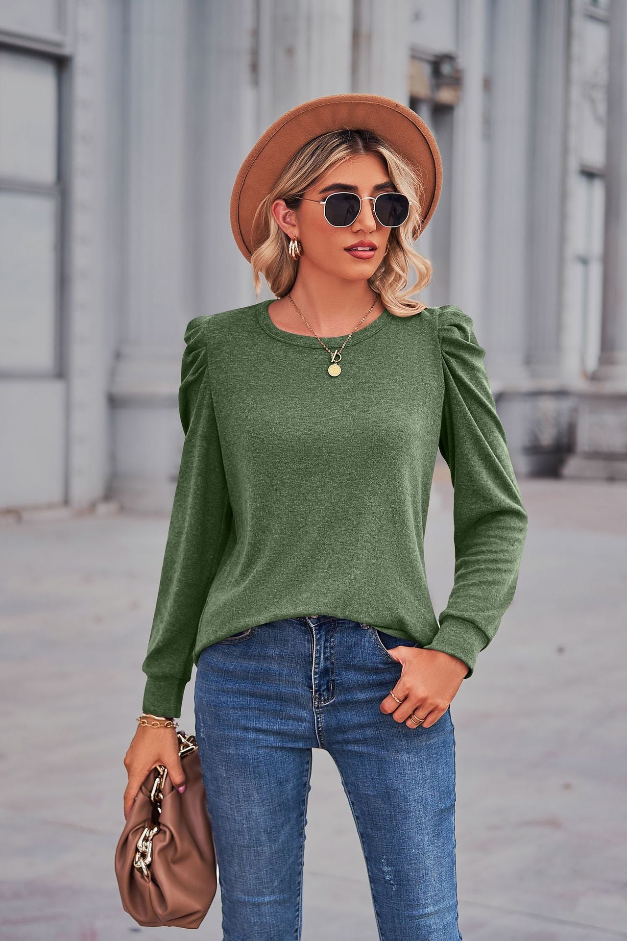 Heathered Puff Sleeve Round Neck Tunic Top - Green / S - T-Shirts - Shirts & Tops - 9 - 2024